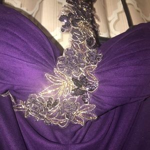 Xscape plum dress with a gold/plum across strap